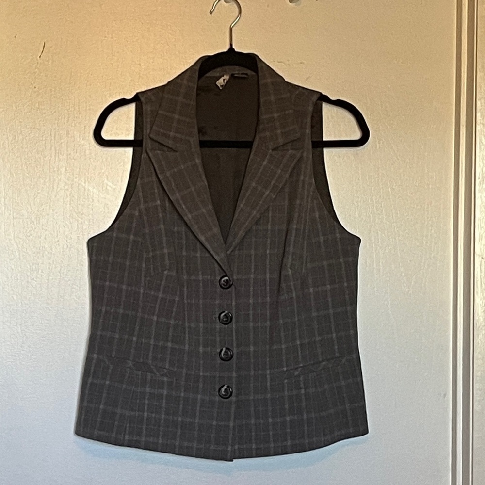 VTG Gray Plaid Collared Button-Up Lined Vest